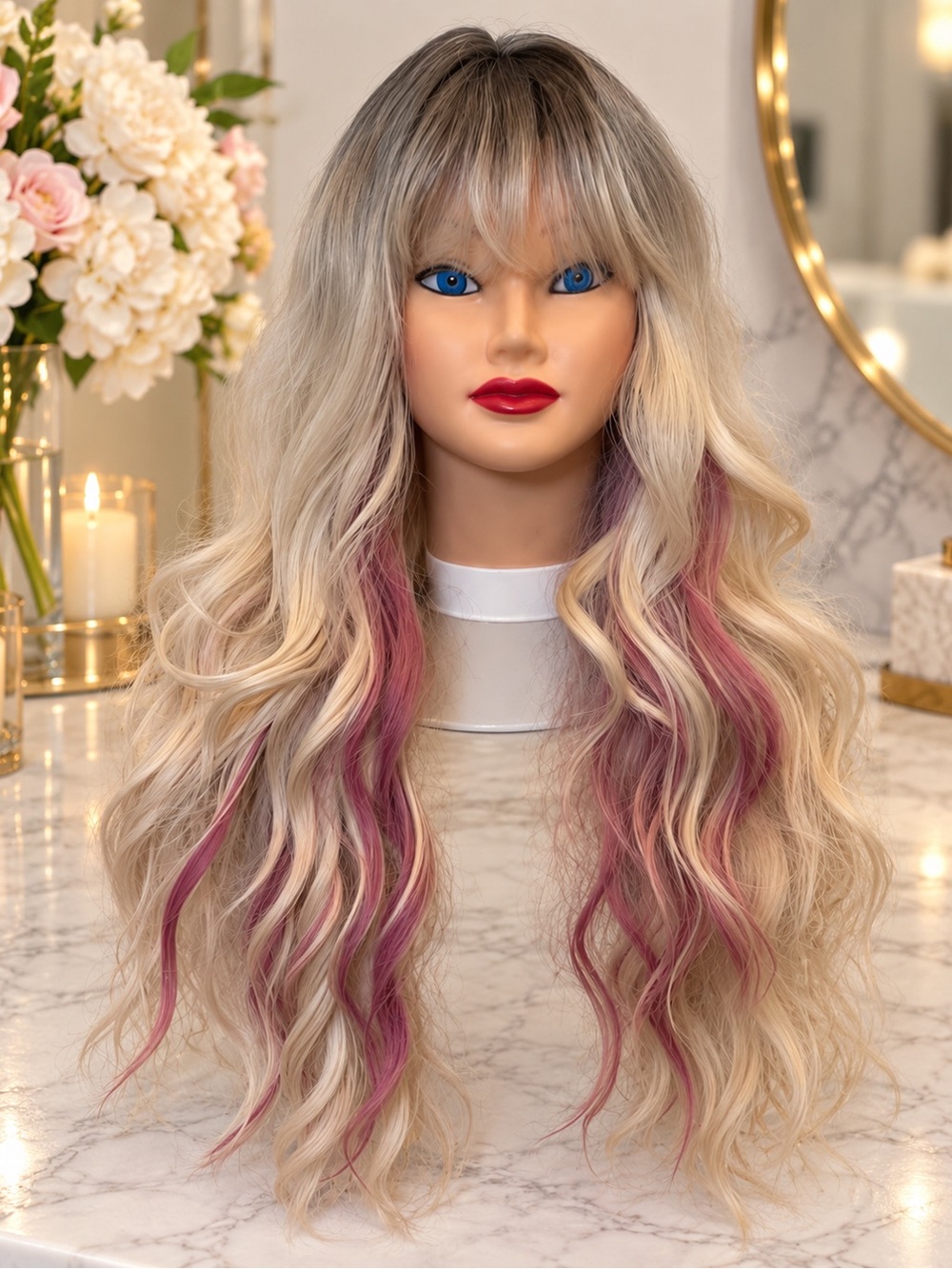 Highlight Blonde with Pink Mix Long Wavy Wig with Bangs